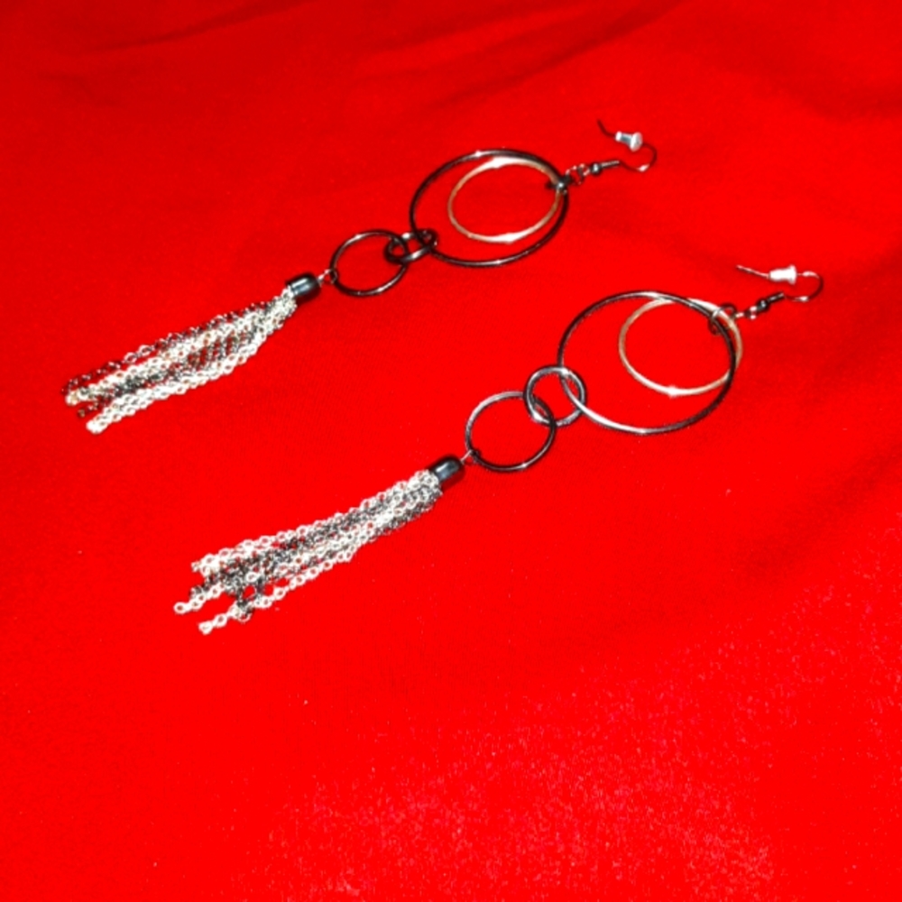 Pair of Black and Gold Long Earrings with hoops at the tops